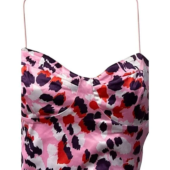 Asos Design Midi Dress Size 4 Satin Cami Pink Purple Leopard‎ Ruched Side Party - Picture 5 of 16